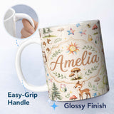 Personalized Custom Name Woodland Deer Owl Mushrooms and Stars on Warm Neutral Seamless 11oz Ceramic Coffee Tea Mug White Large Handle