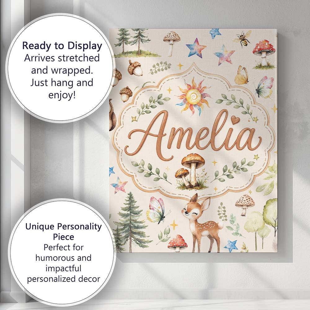 Personalised Name Woodland Deer Owl Mushrooms Custom Unique Gift Idea Modern Room Accent Canvas Wall Art Print Decor Picture Ready to Hang