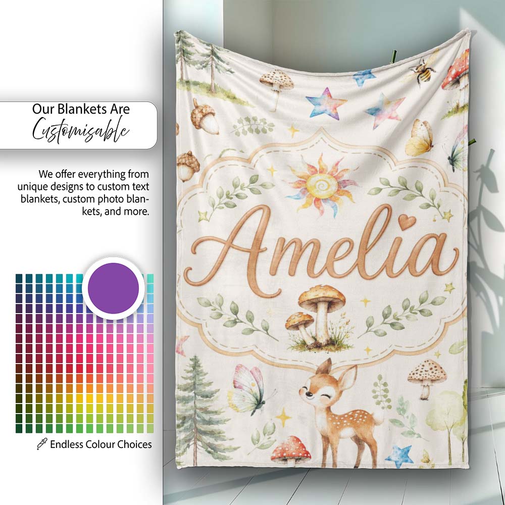 Woodland Deer Owl Mushrooms and Stars on Warm Neutral Seamless  Personalised Custom Name Super Soft Fleece Blanket Bed Sofa Throw