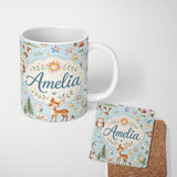 Personalized Custom Name Woodland Deer Owl Mushrooms and Stars on Light Blue Seamless 11oz Ceramic Coffee Tea Mug White Large Handle