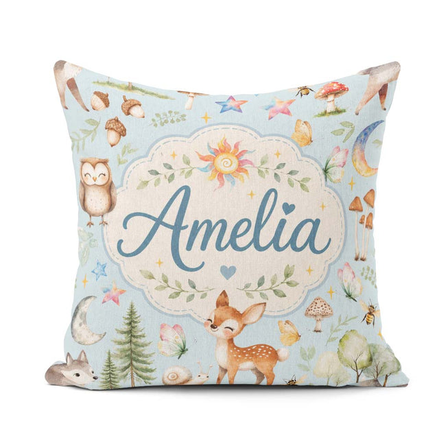 Custom Name Woodland Deer Owl Mushrooms and Stars on Light Blue Square Filled Cushion Throw Pillow Sofa Bed Home Decor Zip Washable UK Made