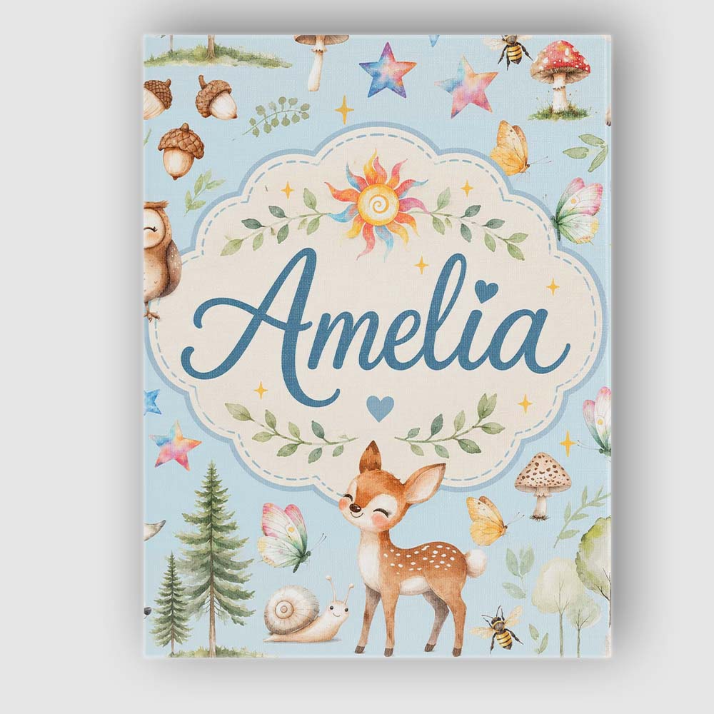 Personalised Name Woodland Deer Owl Mushrooms Custom Unique Gift Idea Modern Room Accent Canvas Wall Art Print Decor Picture Ready to Hang