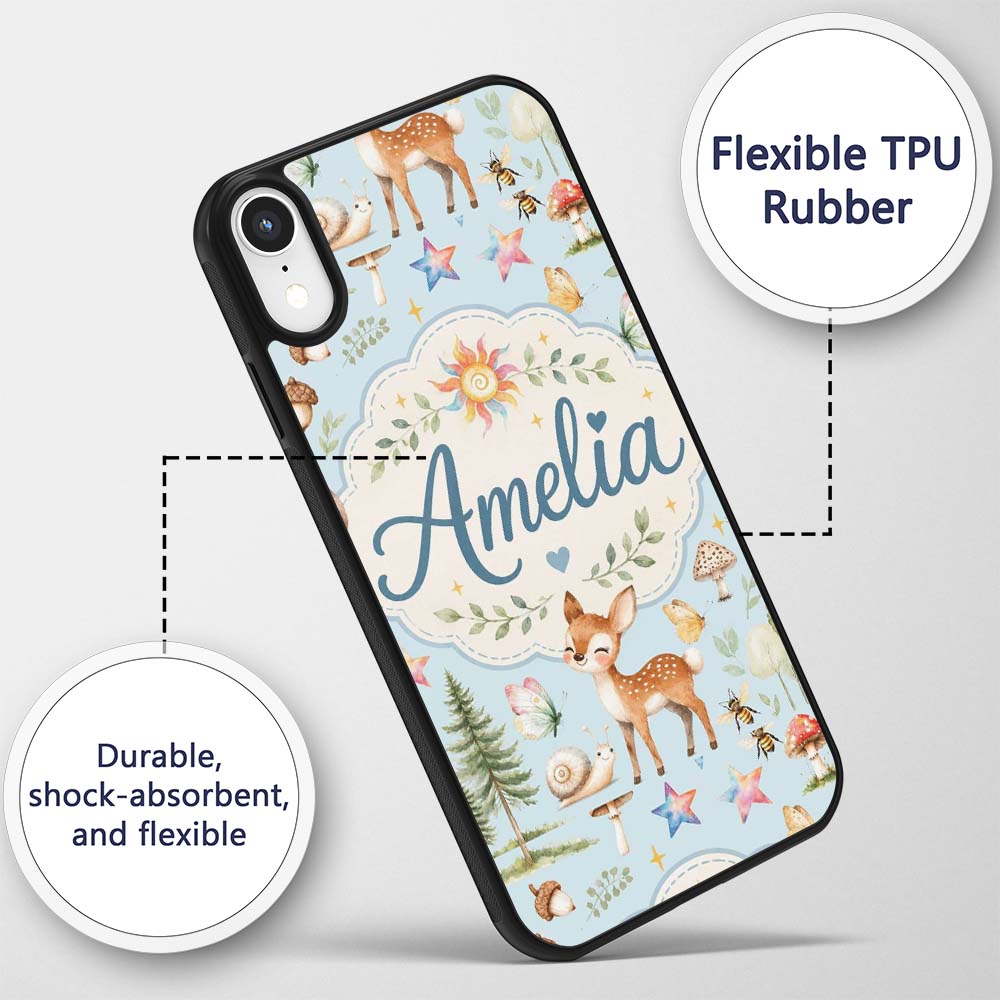 Woodland Deer Owl Mushrooms and Stars on Light Custom Name Protective Phone Case Mobile Cover Durable Everyday Smartphone Shock Resistant