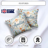 Custom Name Woodland Deer Owl Mushrooms and Stars on Light Blue Square Filled Cushion Throw Pillow Sofa Bed Home Decor Zip Washable UK Made
