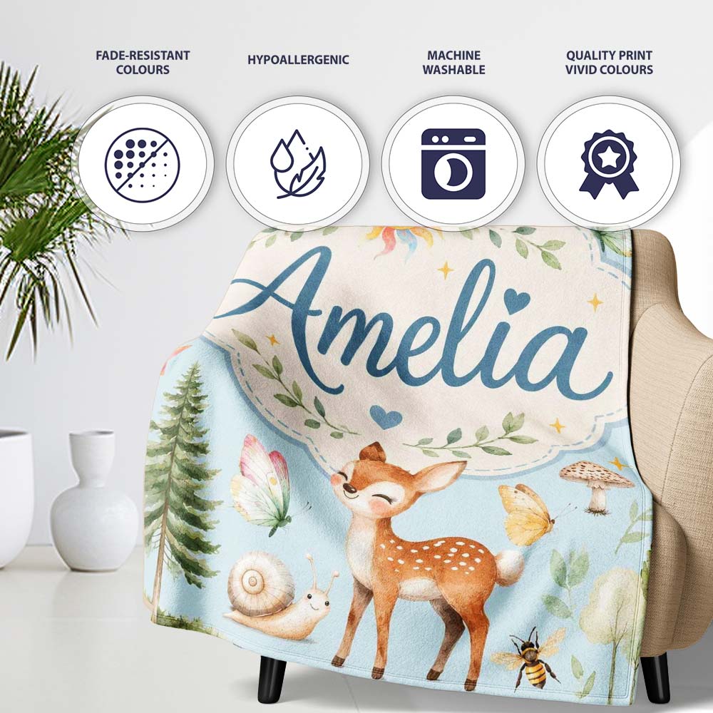 Woodland Deer Owl Mushrooms and Stars on Light Blue Seamless  Personalised Custom Name Super Soft Fleece Blanket Bed Sofa Throw