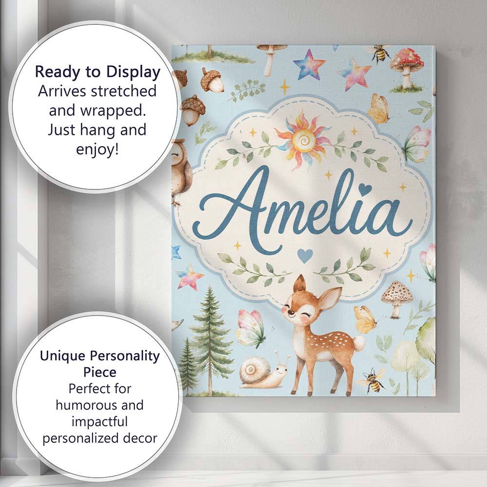 Personalised Name Woodland Deer Owl Mushrooms Custom Unique Gift Idea Modern Room Accent Canvas Wall Art Print Decor Picture Ready to Hang