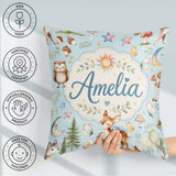 Custom Name Woodland Deer Owl Mushrooms and Stars on Light Blue Square Filled Cushion Throw Pillow Sofa Bed Home Decor Zip Washable UK Made