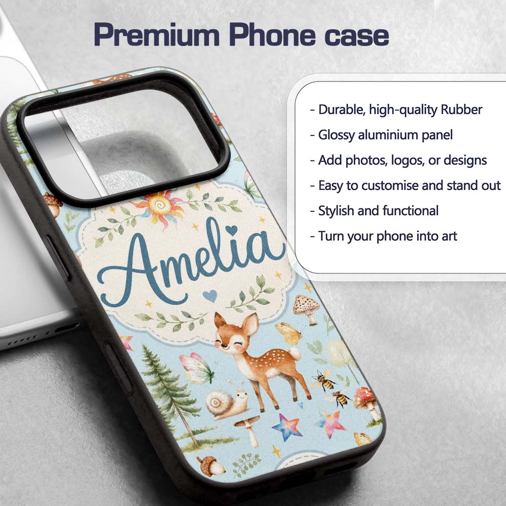 Woodland Deer Owl Mushrooms and Stars on Light Custom Name Protective Phone Case Mobile Cover Durable Everyday Smartphone Shock Resistant