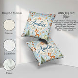 Custom Name Woodland Deer Owl Mushrooms and Stars on Light Blue Square Filled Cushion Throw Pillow Sofa Bed Home Decor Zip Washable UK Made