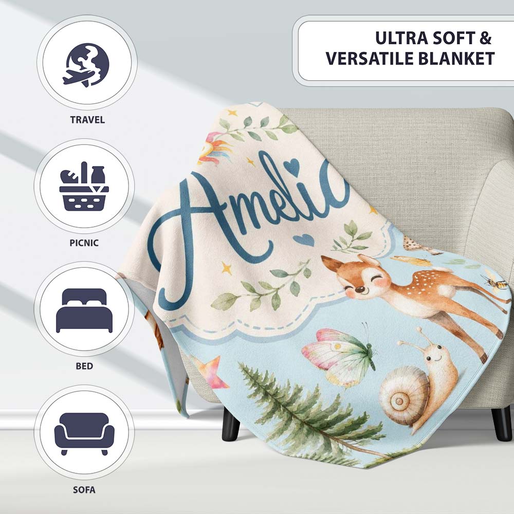 Woodland Deer Owl Mushrooms and Stars on Light Blue Seamless  Personalised Custom Name Super Soft Fleece Blanket Bed Sofa Throw