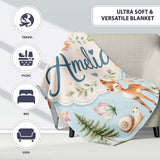 Woodland Deer Owl Mushrooms and Stars on Light Blue Seamless  Personalised Custom Name Super Soft Fleece Blanket Bed Sofa Throw