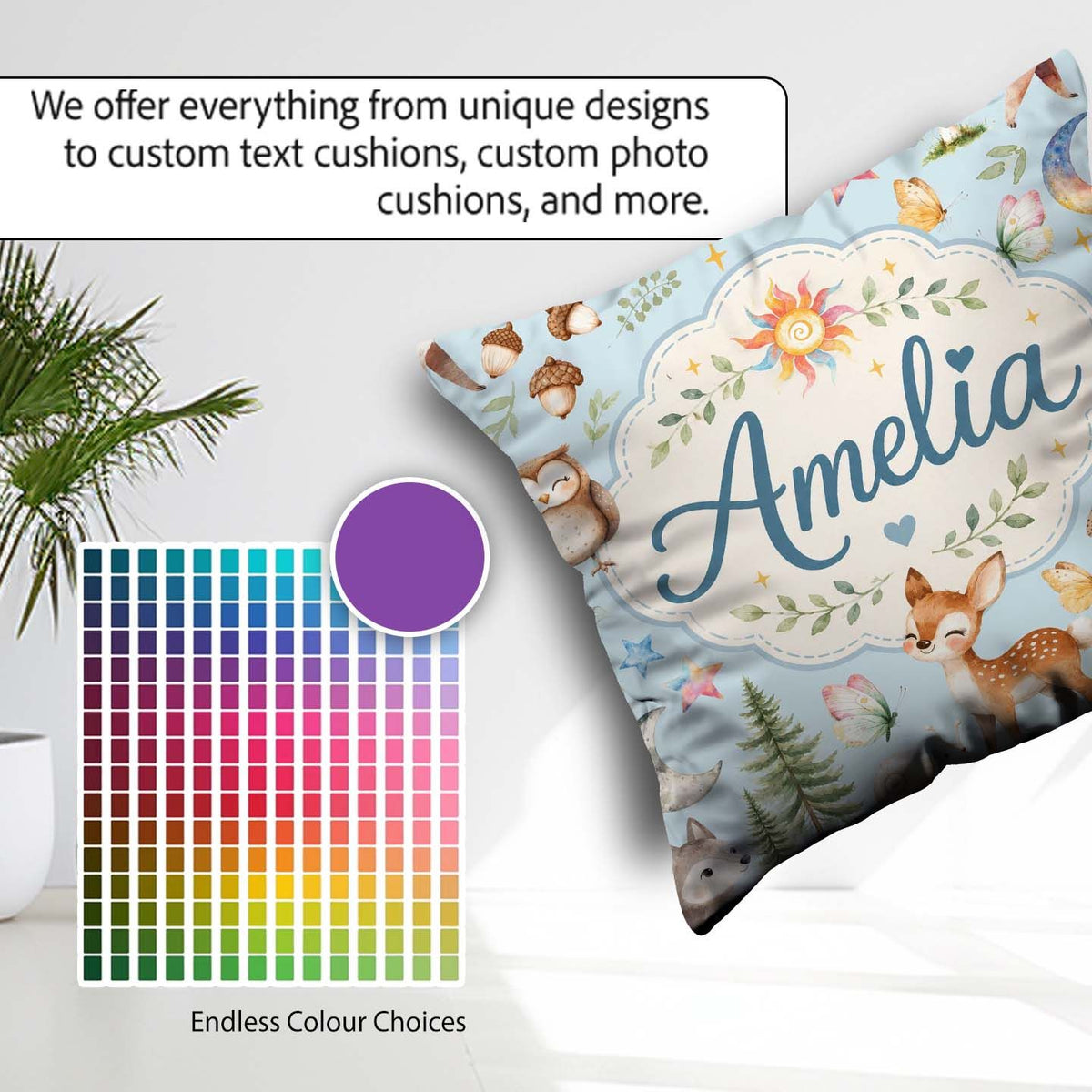 Custom Name Woodland Deer Owl Mushrooms and Stars on Light Blue Square Filled Cushion Throw Pillow Sofa Bed Home Decor Zip Washable UK Made