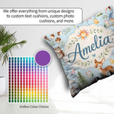 Custom Name Woodland Deer Owl Mushrooms and Stars on Light Blue Square Filled Cushion Throw Pillow Sofa Bed Home Decor Zip Washable UK Made