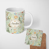 Personalized Custom Name Woodland Deer Owl Mushrooms Stars on Sage Green Seamless Pattern 11oz Ceramic Coffee Tea Mug White Large Handle