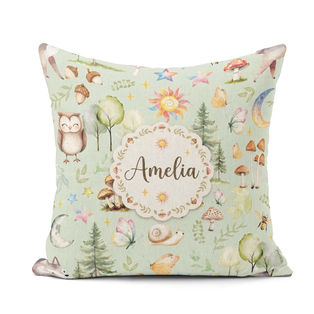 Custom Name Woodland Deer Mushrooms Stars on Sage Green Seamless Square Filled Cushion Throw Pillow Sofa Bed Home Decor Zip Washable UK Made