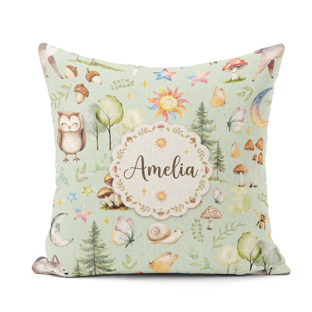 Custom Name Woodland Deer Mushrooms Stars on Sage Green Seamless Square Filled Cushion Throw Pillow Sofa Bed Home Decor Zip Washable UK Made
