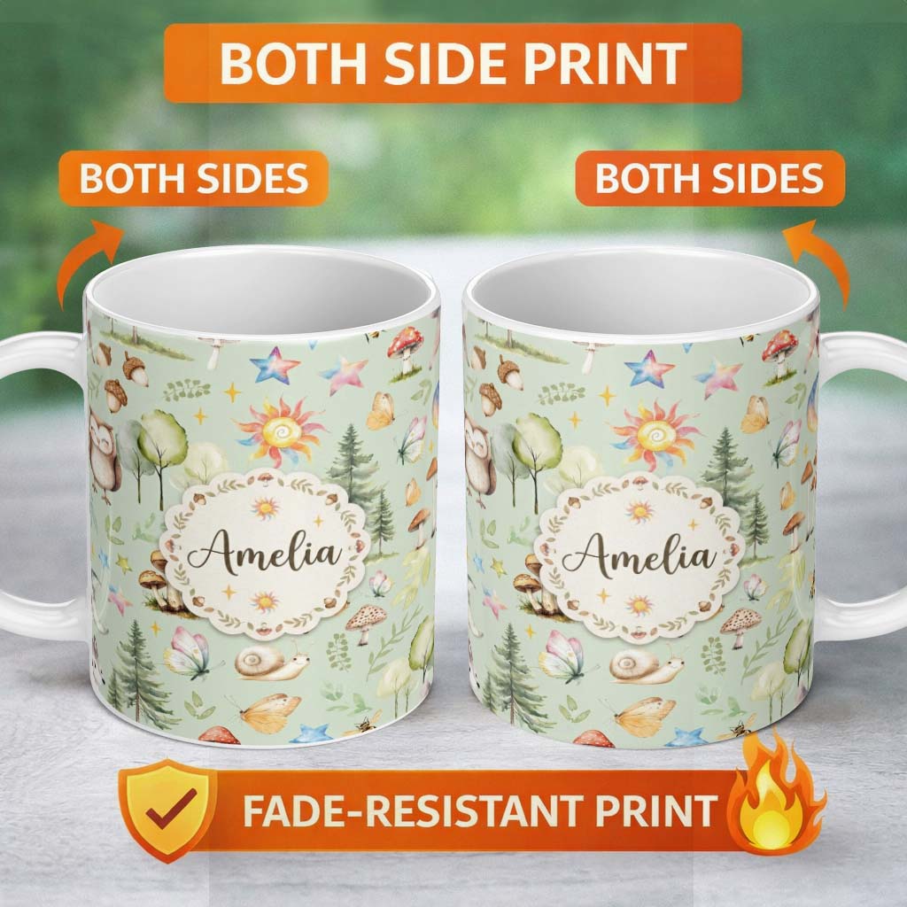 Personalized Custom Name Woodland Deer Owl Mushrooms Stars on Sage Green Seamless Pattern 11oz Ceramic Coffee Tea Mug White Large Handle
