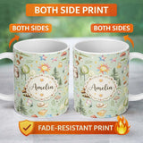 Personalized Custom Name Woodland Deer Owl Mushrooms Stars on Sage Green Seamless Pattern 11oz Ceramic Coffee Tea Mug White Large Handle