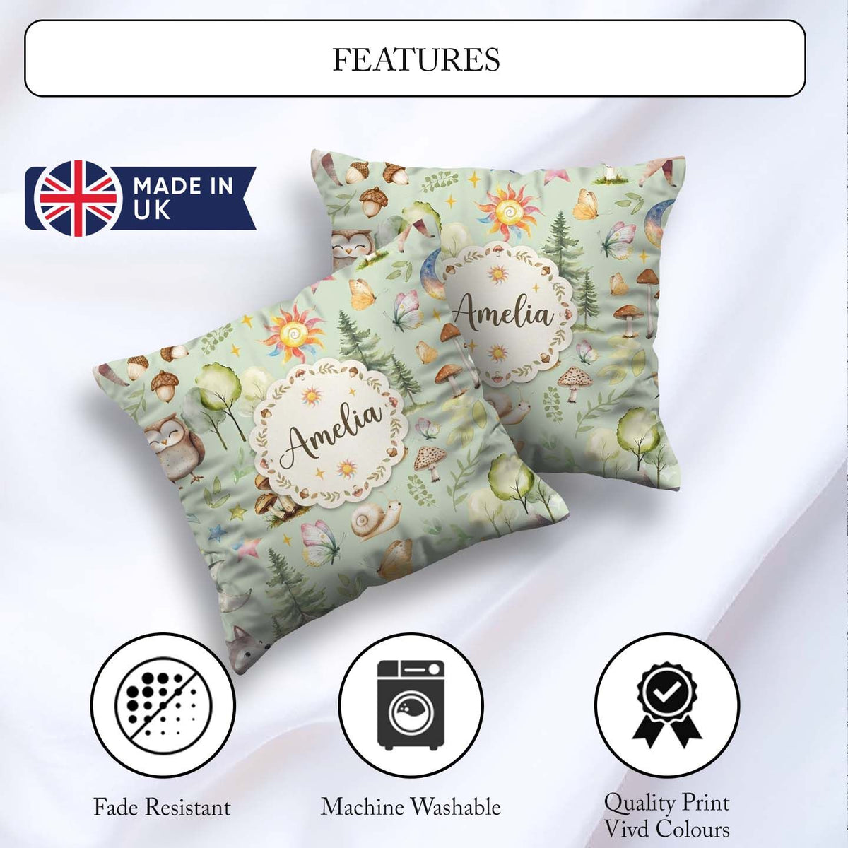 Custom Name Woodland Deer Mushrooms Stars on Sage Green Seamless Square Filled Cushion Throw Pillow Sofa Bed Home Decor Zip Washable UK Made