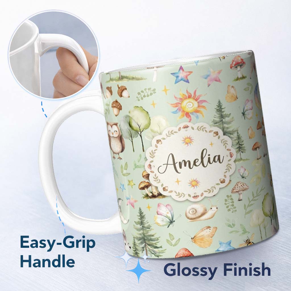 Personalized Custom Name Woodland Deer Owl Mushrooms Stars on Sage Green Seamless Pattern 11oz Ceramic Coffee Tea Mug White Large Handle