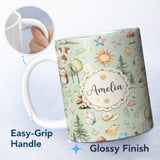 Personalized Custom Name Woodland Deer Owl Mushrooms Stars on Sage Green Seamless Pattern 11oz Ceramic Coffee Tea Mug White Large Handle