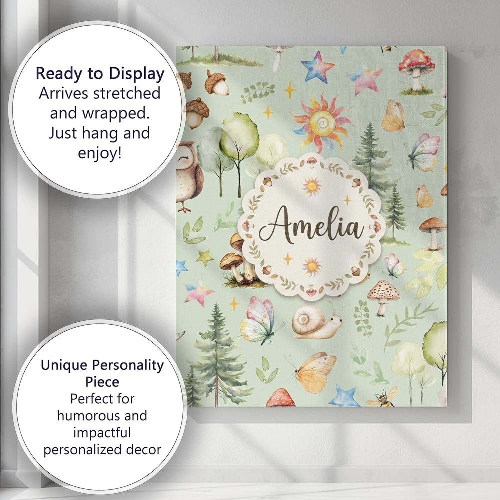 Personalised Name Woodland Deer Owl Mushrooms Custom Unique Gift Idea Modern Room Accent Canvas Wall Art Print Decor Picture Ready to Hang