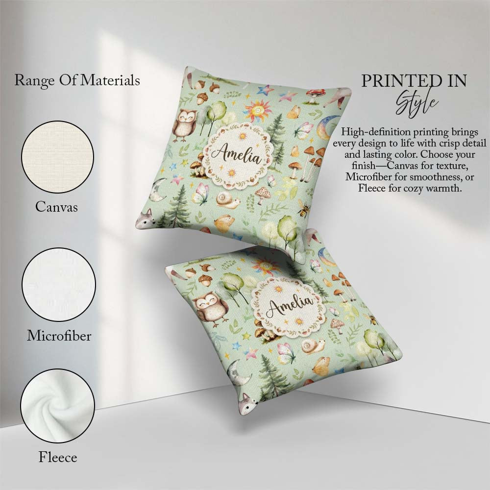 Custom Name Woodland Deer Mushrooms Stars on Sage Green Seamless Square Filled Cushion Throw Pillow Sofa Bed Home Decor Zip Washable UK Made
