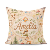 Custom Name Woodland Deer Mushrooms Stars on Soft Beige Seamless Square Filled Cushion Throw Pillow Sofa Bed Home Decor Zip Washable UK Made