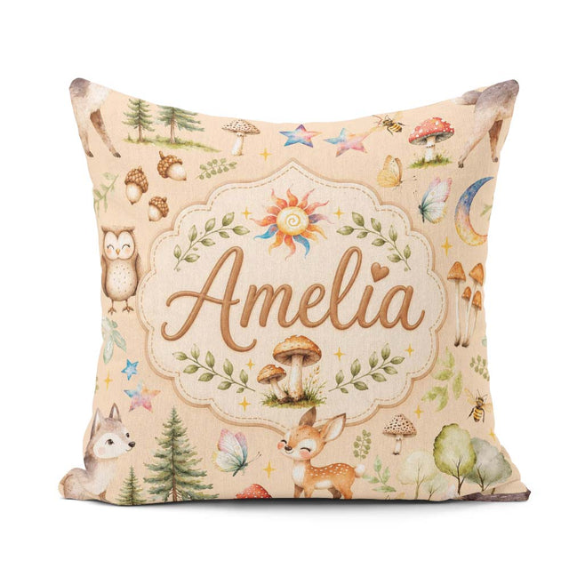 Custom Name Woodland Deer Mushrooms Stars on Soft Beige Seamless Square Filled Cushion Throw Pillow Sofa Bed Home Decor Zip Washable UK Made