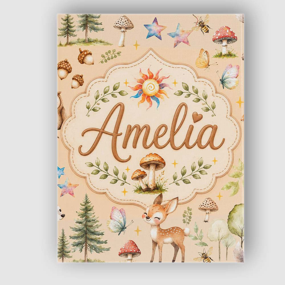 Personalised Name Woodland Deer Owl Mushrooms Custom Unique Gift Idea Modern Room Accent Canvas Wall Art Print Decor Picture Ready to Hang