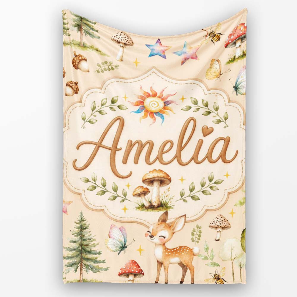 Woodland Deer Owl Mushrooms Stars on Soft Beige Seamless Pattern  Personalised Custom Name Super Soft Fleece Blanket Bed Sofa Throw