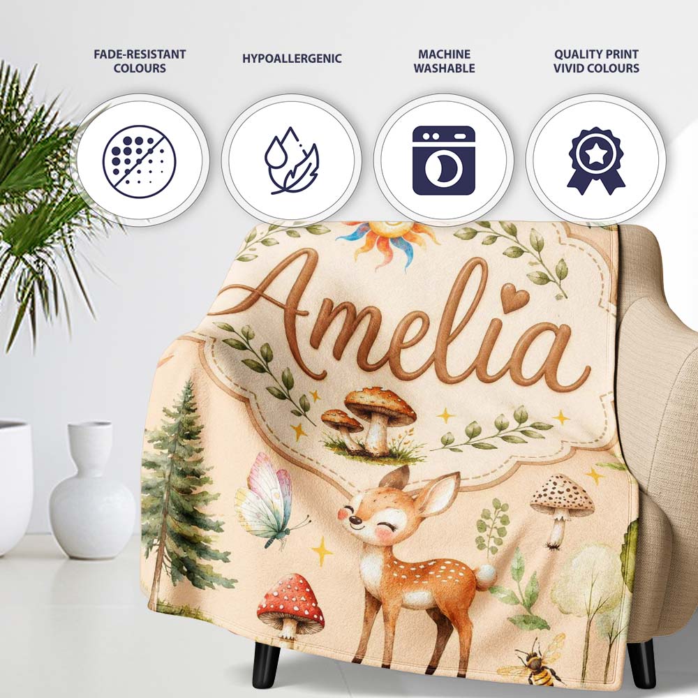 Woodland Deer Owl Mushrooms Stars on Soft Beige Seamless Pattern  Personalised Custom Name Super Soft Fleece Blanket Bed Sofa Throw