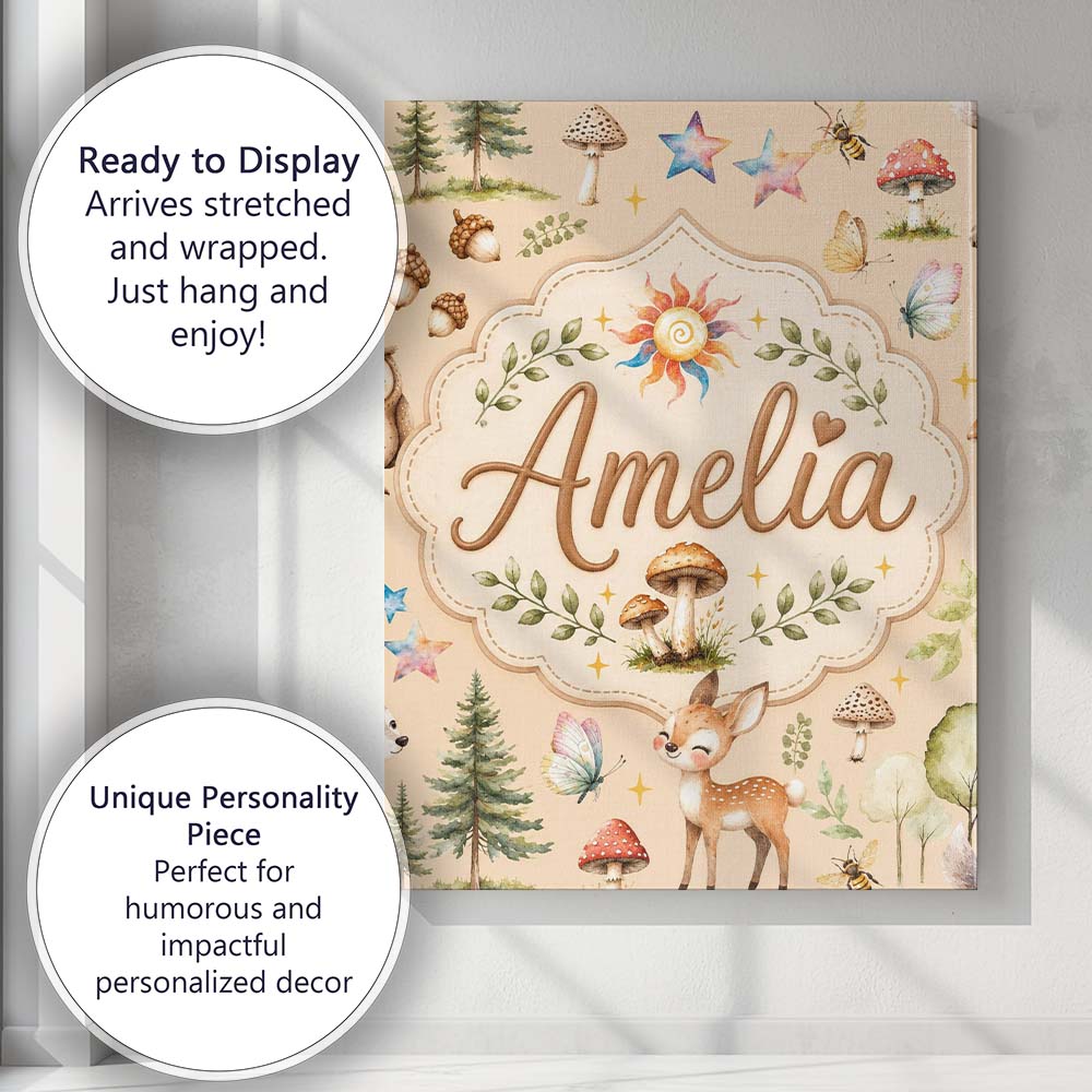 Personalised Name Woodland Deer Owl Mushrooms Custom Unique Gift Idea Modern Room Accent Canvas Wall Art Print Decor Picture Ready to Hang