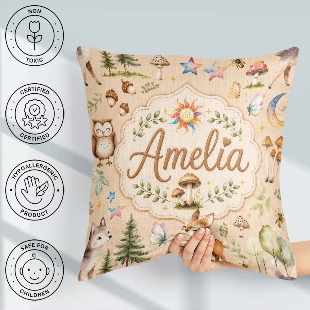 Custom Name Woodland Deer Mushrooms Stars on Soft Beige Seamless Square Filled Cushion Throw Pillow Sofa Bed Home Decor Zip Washable UK Made