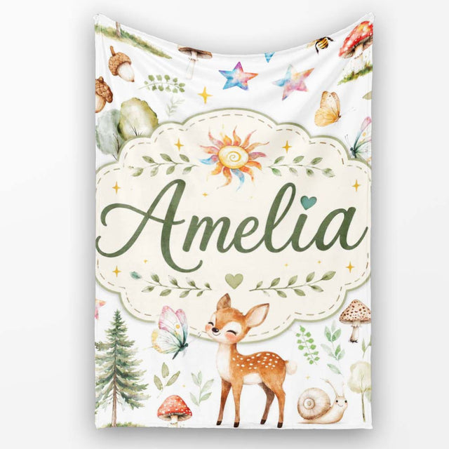 Woodland Deer Owl Mushrooms Stars on Light Grey Seamless Pattern  Personalised Custom Name Super Soft Fleece Blanket Bed Sofa Throw