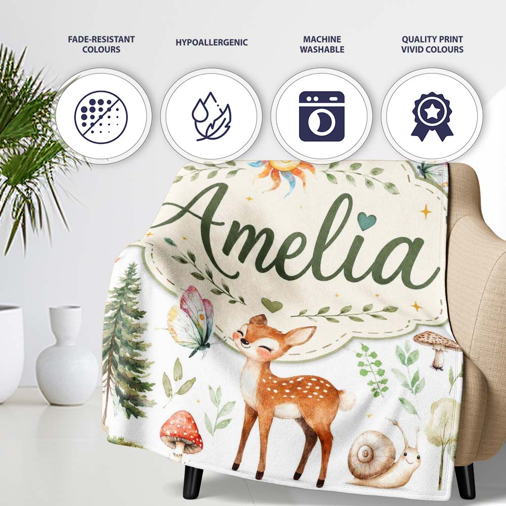 Woodland Deer Owl Mushrooms Stars on Light Grey Seamless Pattern  Personalised Custom Name Super Soft Fleece Blanket Bed Sofa Throw