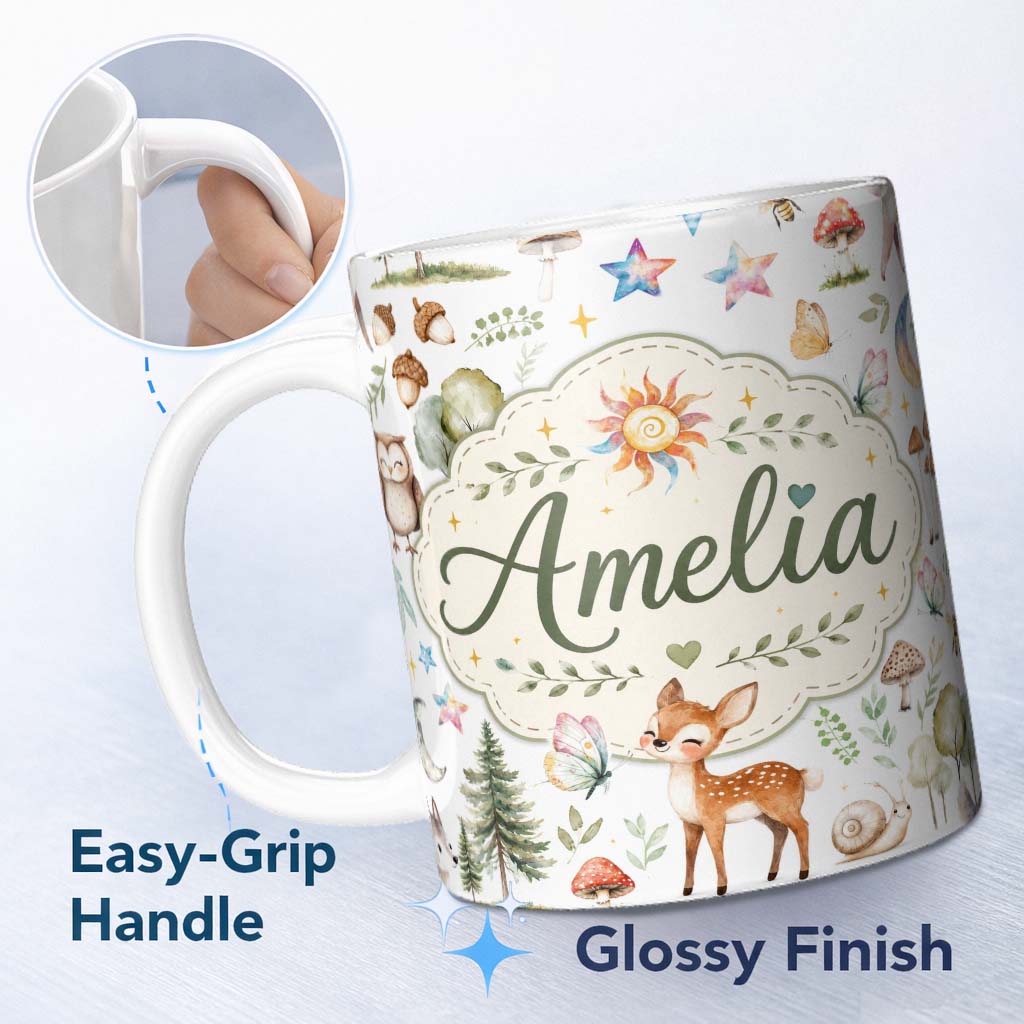 Personalized Custom Name Woodland Deer Owl Mushrooms Stars on Light Grey Seamless Pattern 11oz Ceramic Coffee Tea Mug White Large Handle