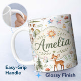 Personalized Custom Name Woodland Deer Owl Mushrooms Stars on Light Grey Seamless Pattern 11oz Ceramic Coffee Tea Mug White Large Handle