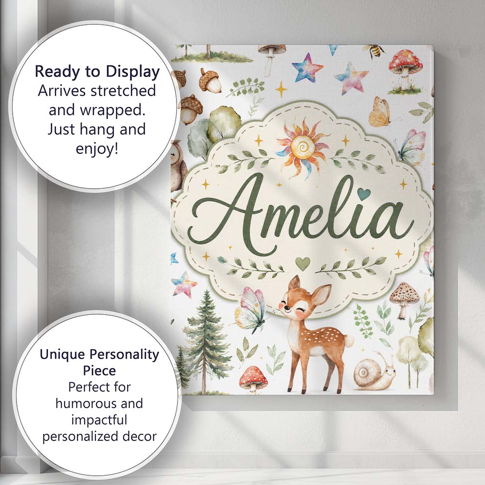 Personalised Name Woodland Deer Owl Mushrooms Custom Unique Gift Idea Modern Room Accent Canvas Wall Art Print Decor Picture Ready to Hang