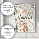 Personalised Name Woodland Deer Owl Mushrooms Custom Unique Gift Idea Modern Room Accent Canvas Wall Art Print Decor Picture Ready to Hang