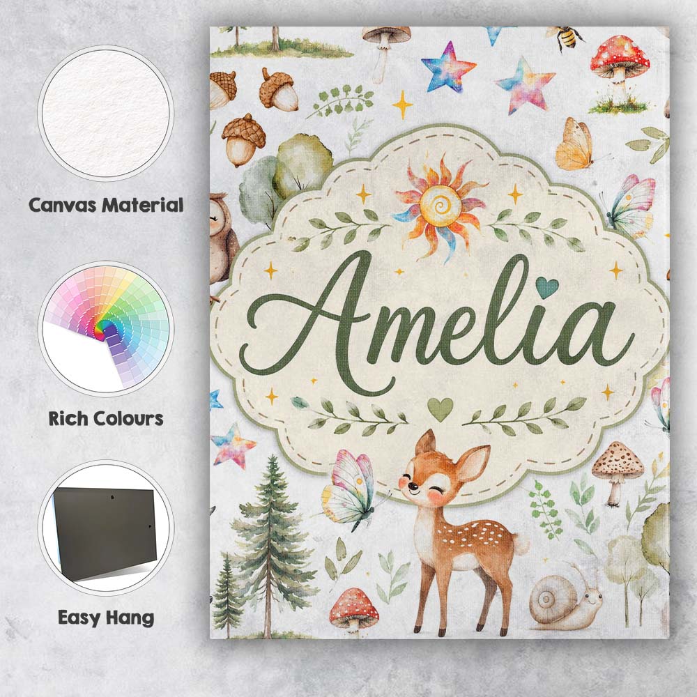 Personalised Name Woodland Deer Owl Mushrooms Custom Unique Gift Idea Modern Room Accent Canvas Wall Art Print Decor Picture Ready to Hang