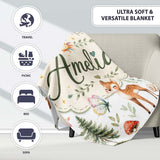Woodland Deer Owl Mushrooms Stars on Light Grey Seamless Pattern  Personalised Custom Name Super Soft Fleece Blanket Bed Sofa Throw