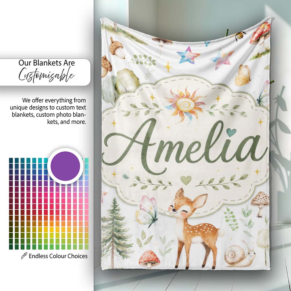 Woodland Deer Owl Mushrooms Stars on Light Grey Seamless Pattern  Personalised Custom Name Super Soft Fleece Blanket Bed Sofa Throw
