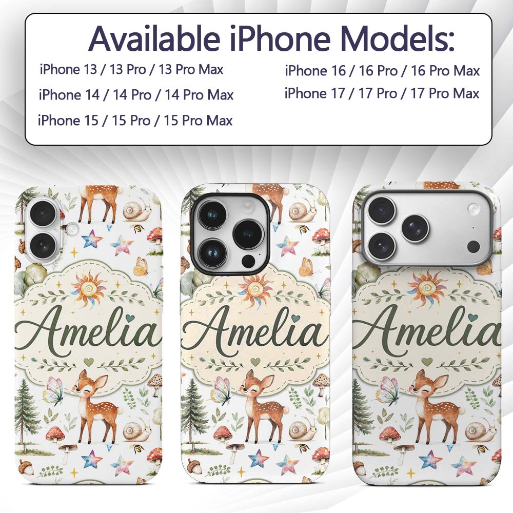 Woodland Deer Owl Mushrooms Stars on Light Grey Custom Name Protective Phone Case Mobile Cover Durable Everyday Smartphone Shock Resistant