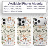 Woodland Deer Owl Mushrooms Stars on Light Grey Custom Name Protective Phone Case Mobile Cover Durable Everyday Smartphone Shock Resistant