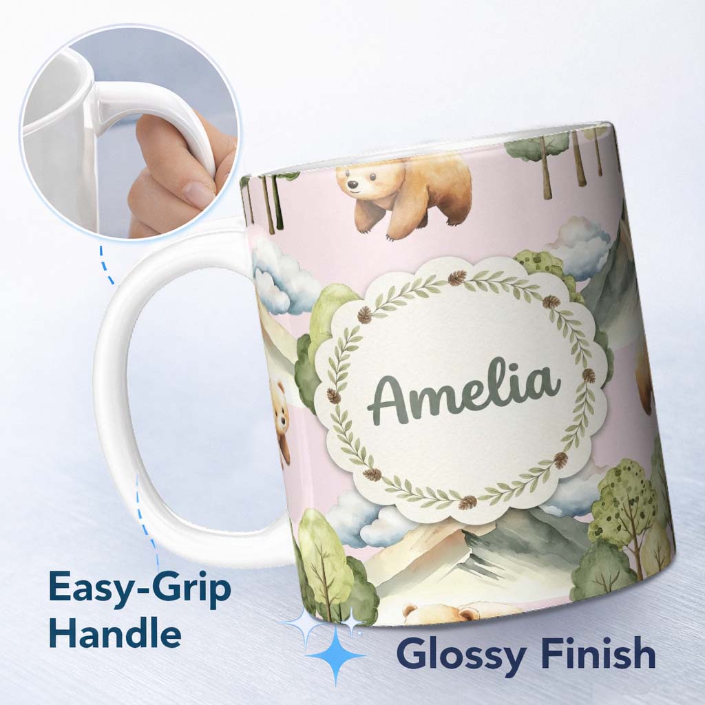 Personalized Custom Name Forest Bear Trees Mountains Clouds on Blush Pink Seamless Pattern 11oz Ceramic Coffee Tea Mug White Large Handle