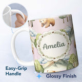Personalized Custom Name Forest Bear Trees Mountains Clouds on Blush Pink Seamless Pattern 11oz Ceramic Coffee Tea Mug White Large Handle