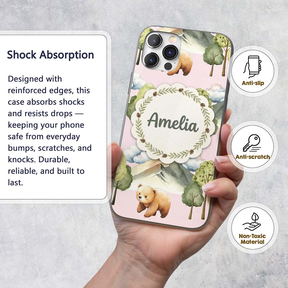 Forest Bear Trees Mountains Clouds on Blush Pink Custom Name Protective Phone Case Mobile Cover Durable Everyday Smartphone Shock Resistant