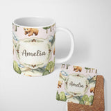 Personalized Custom Name Forest Bear Trees Mountains Clouds on Soft Pink Seamless Pattern 11oz Ceramic Coffee Tea Mug White Large Handle