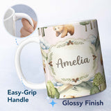 Personalized Custom Name Forest Bear Trees Mountains Clouds on Soft Pink Seamless Pattern 11oz Ceramic Coffee Tea Mug White Large Handle